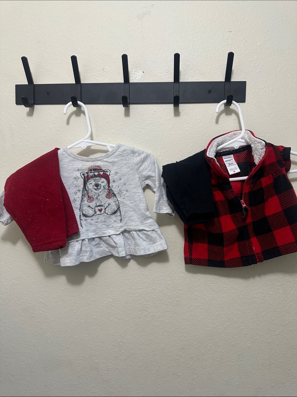 Red and black plaid vest and Bear Print Top Set